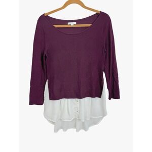 New York & Co Women's Small Purple Round Neck Sweater with White Shirt Hi/Lo Hem